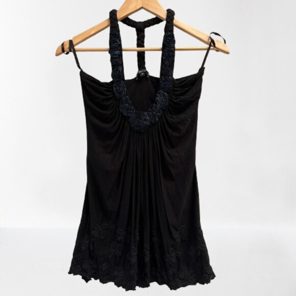 Sky Women's Black Braided Embroidered Rosette Halter Top Stretchy Sexy New Small - Picture 1 of 7
